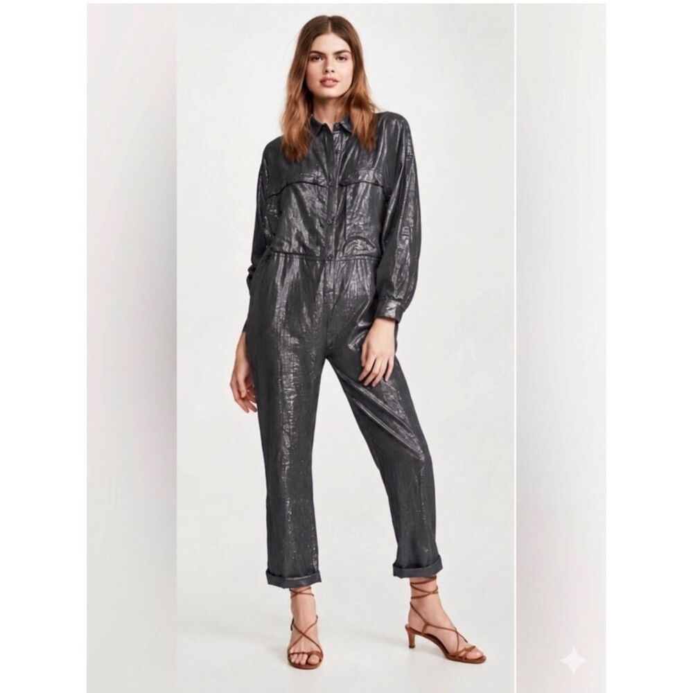 Suzie Kondi Silver Ebony Lurex Metallic Utility Jumpsuit Women's S NWT